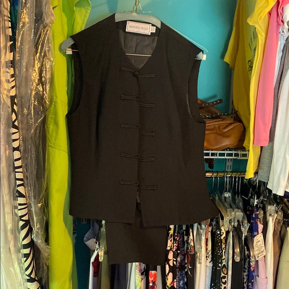 Black Sleeveless Vest and matching pleated pants by Howard Wolf